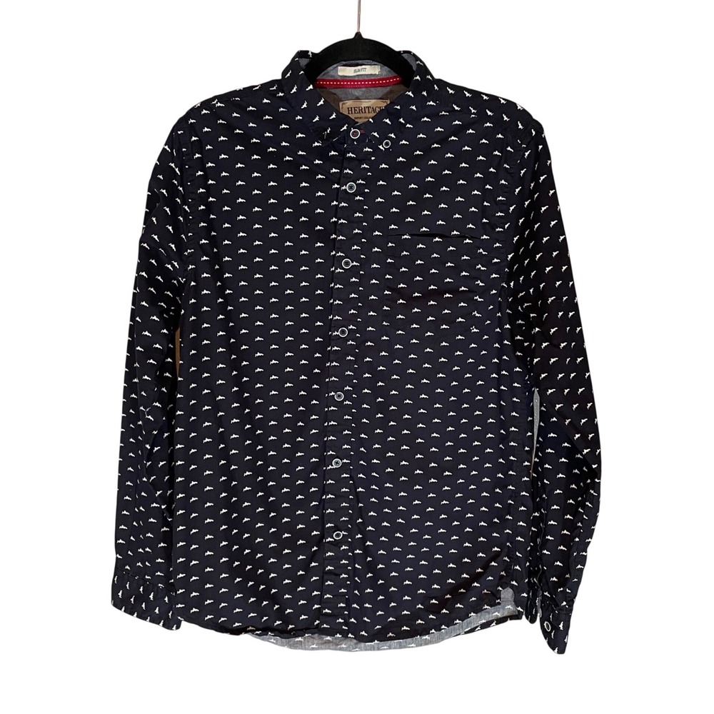Heritage Report Collection Cotton Men's Shark Print Slim Fit Shirt M Nautical
